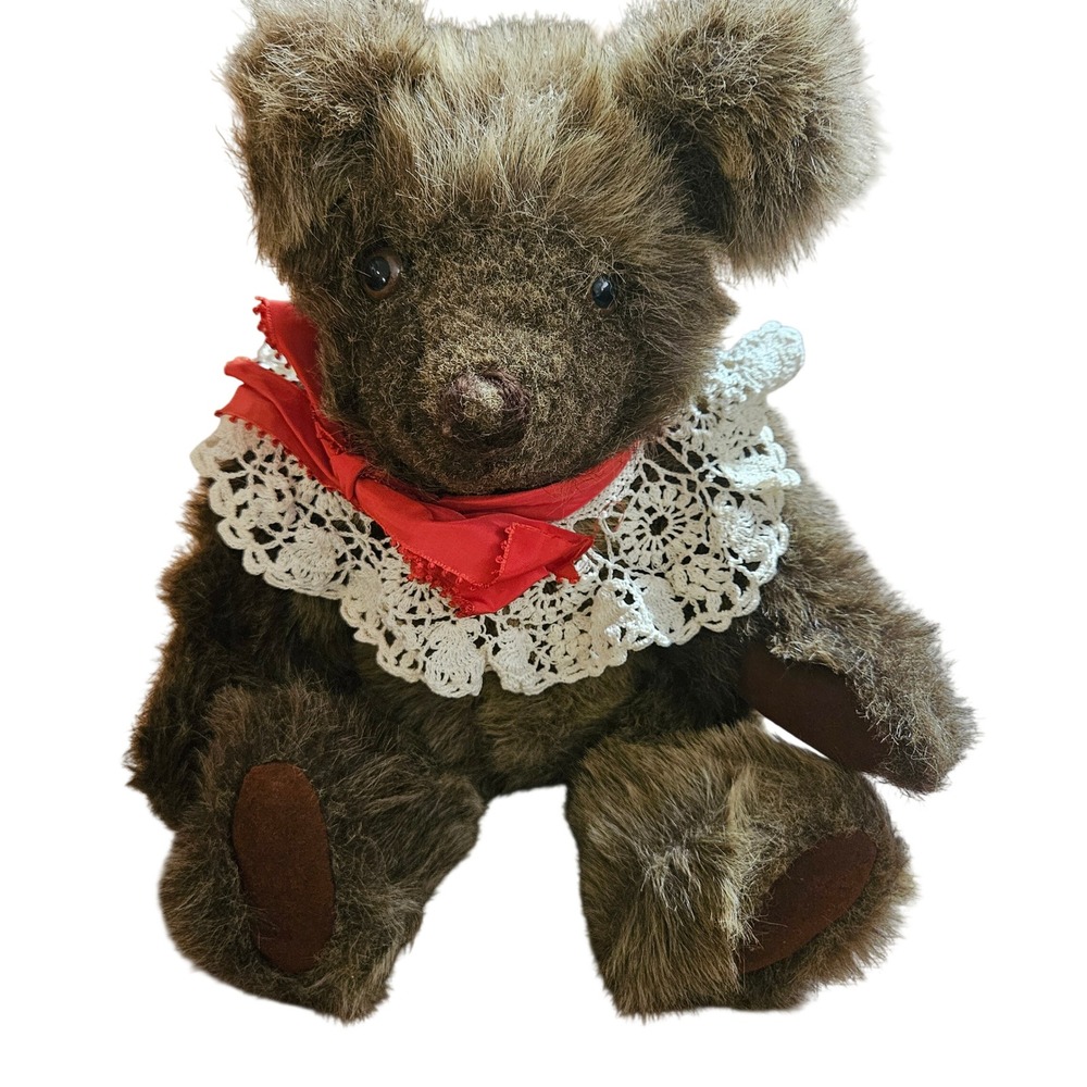 Vintage Linda Druck Handmade Teddy Bear Plush 17" Lace Collar Red Bow Kidcore
